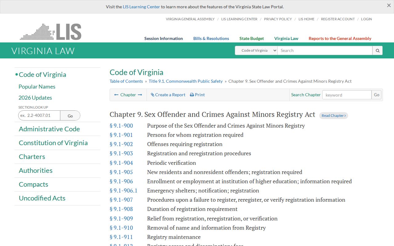 Virginia registry law for Frederick County sex offender records