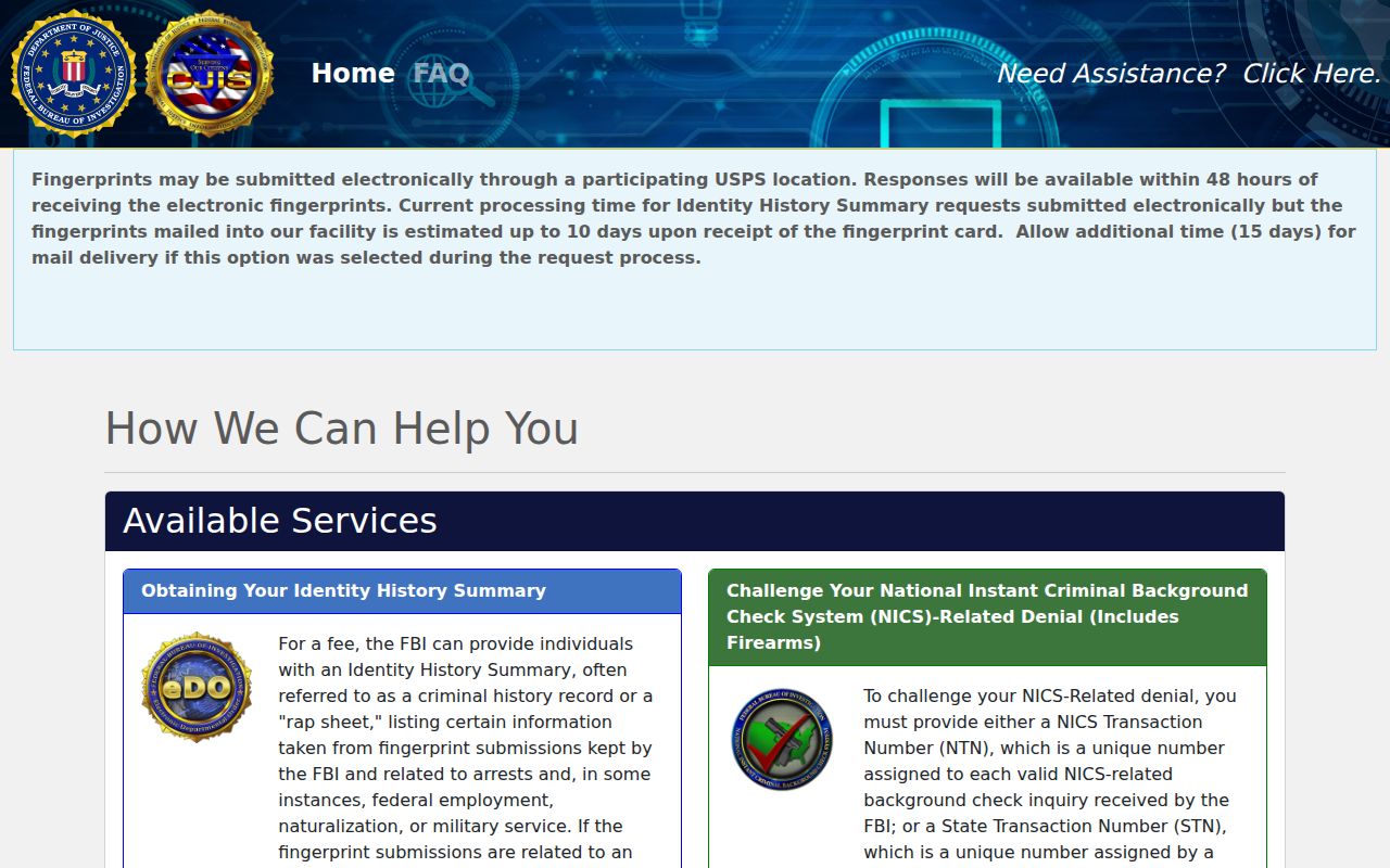Frederick County criminal history FBI identity history request portal